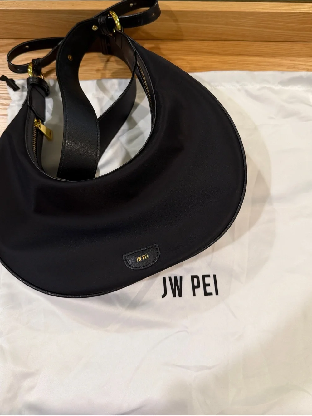 JW PEI Black Crescent Shoulder Bag with Gold Hardware